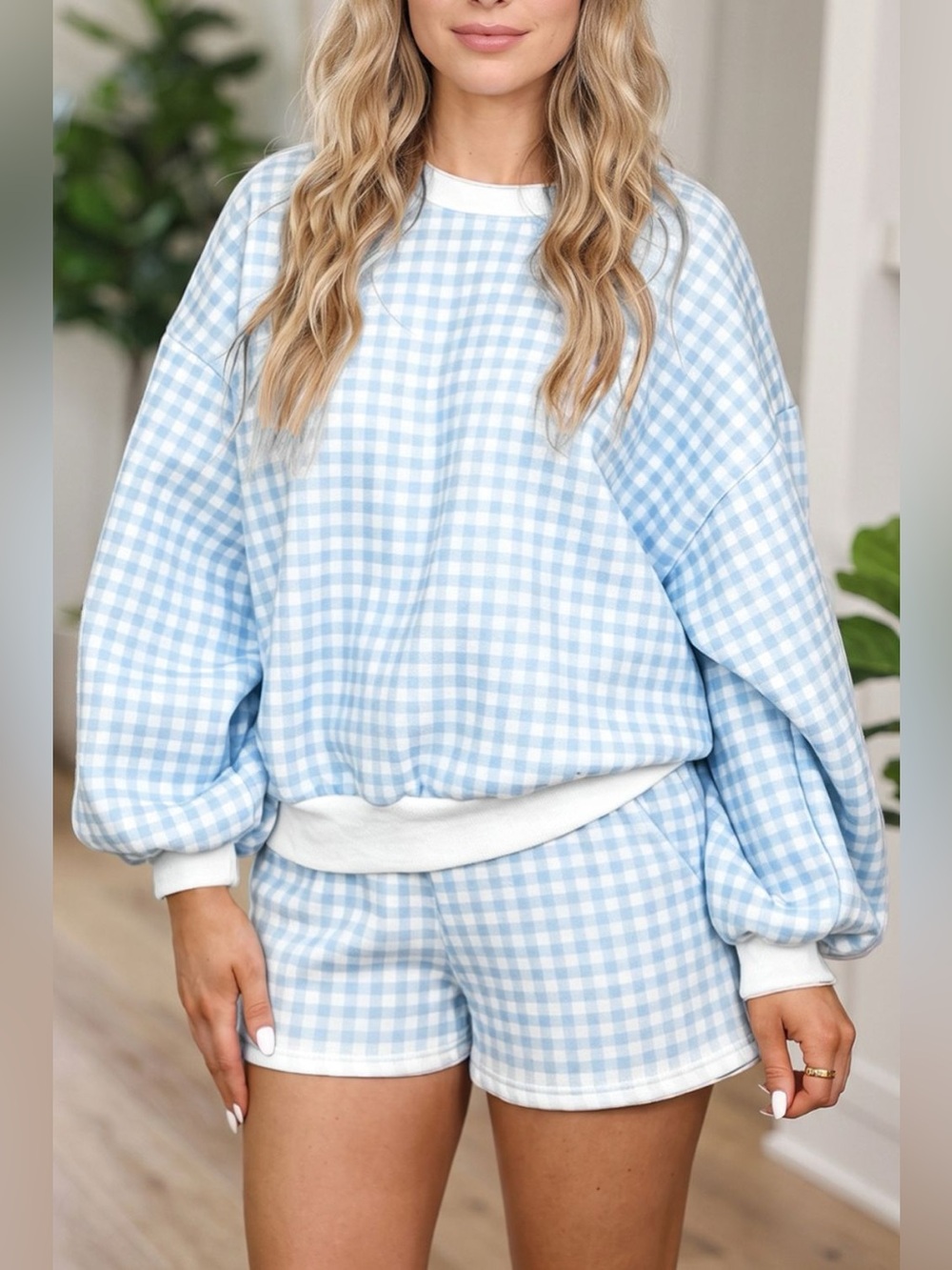 Gingham Long Sleeve Sweatshirt and Shorts Set